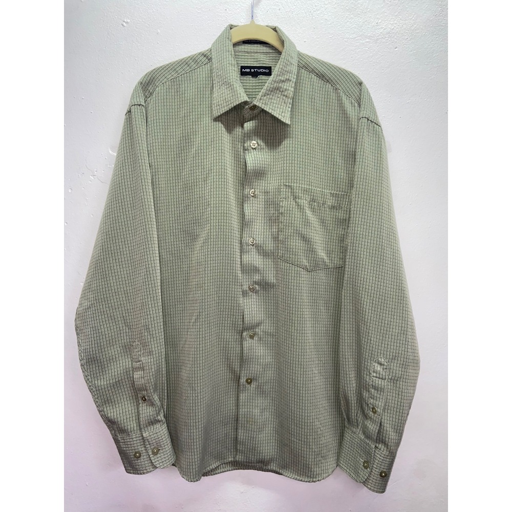 MB Studio Men Sage Green Grid Button Down Micro Check Plaid Shirt Long Sleeve XL